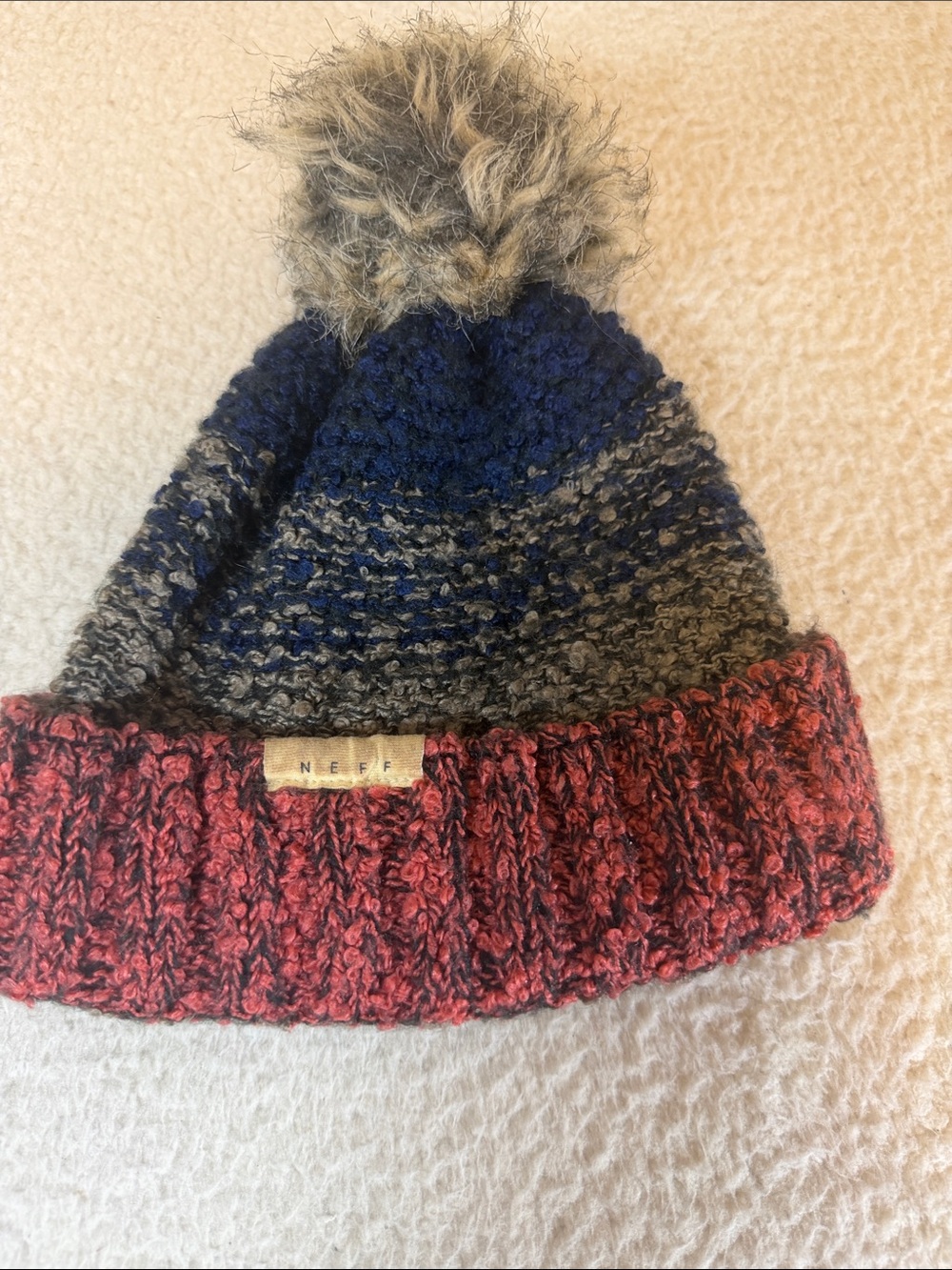 Neff Tri-Tone Knit Pom Beanie in Navy, Gray & Red 350